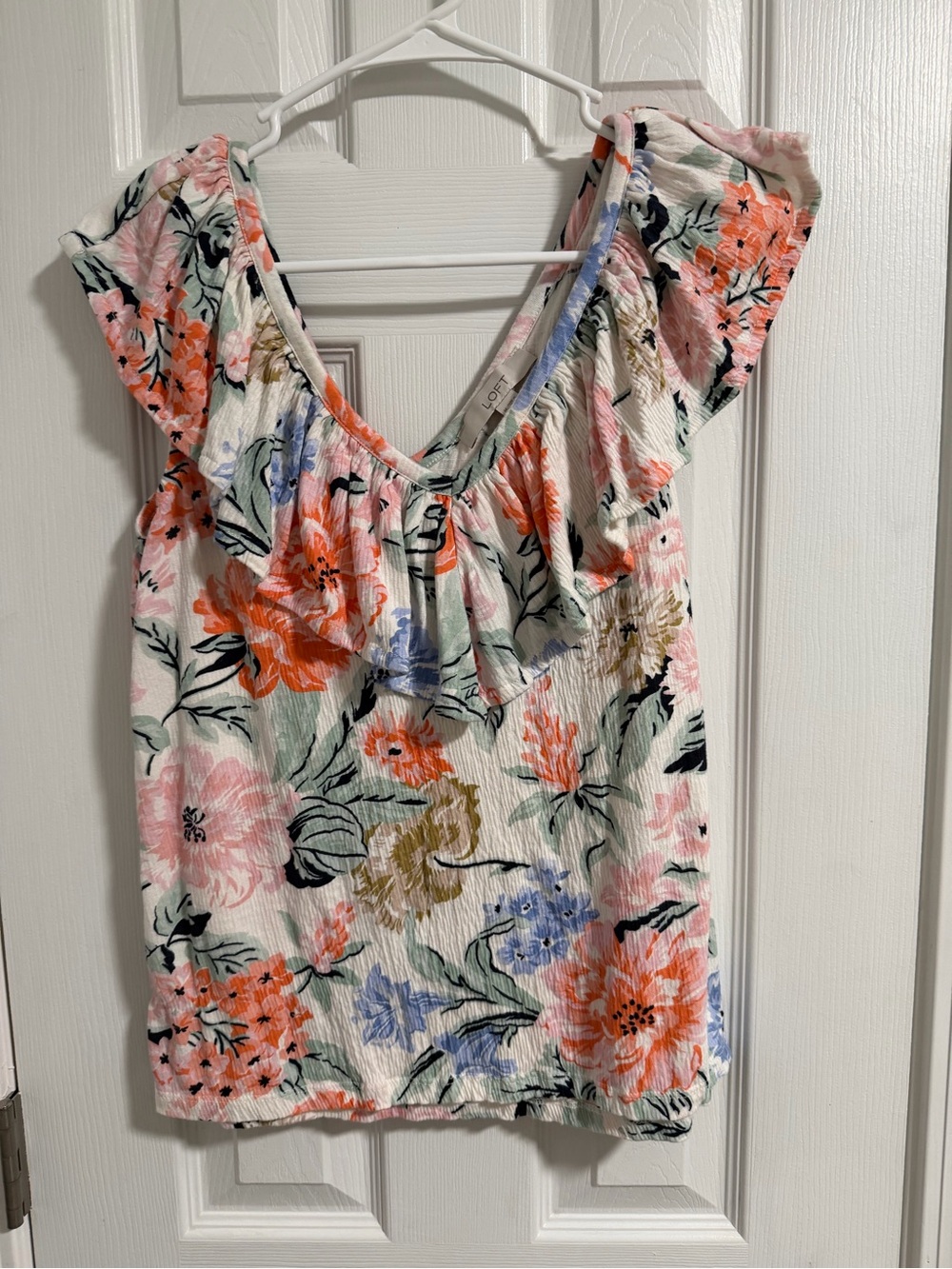 LOFT Cream Floral Ruffle Sleeve blouse with Pink, Orange & Blue Blooms
